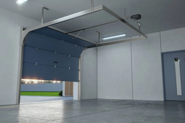 Partially opened modern garage door with a clean, minimal interior. -modern garage doors